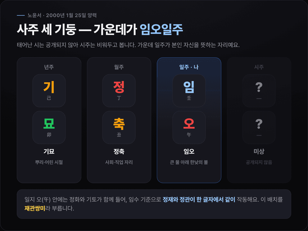 노윤서 사주 세 기둥 카드 — 년주 기묘(己卯), 월주 정축(丁丑), 일주 임오(壬午, 강조), 시주 미상