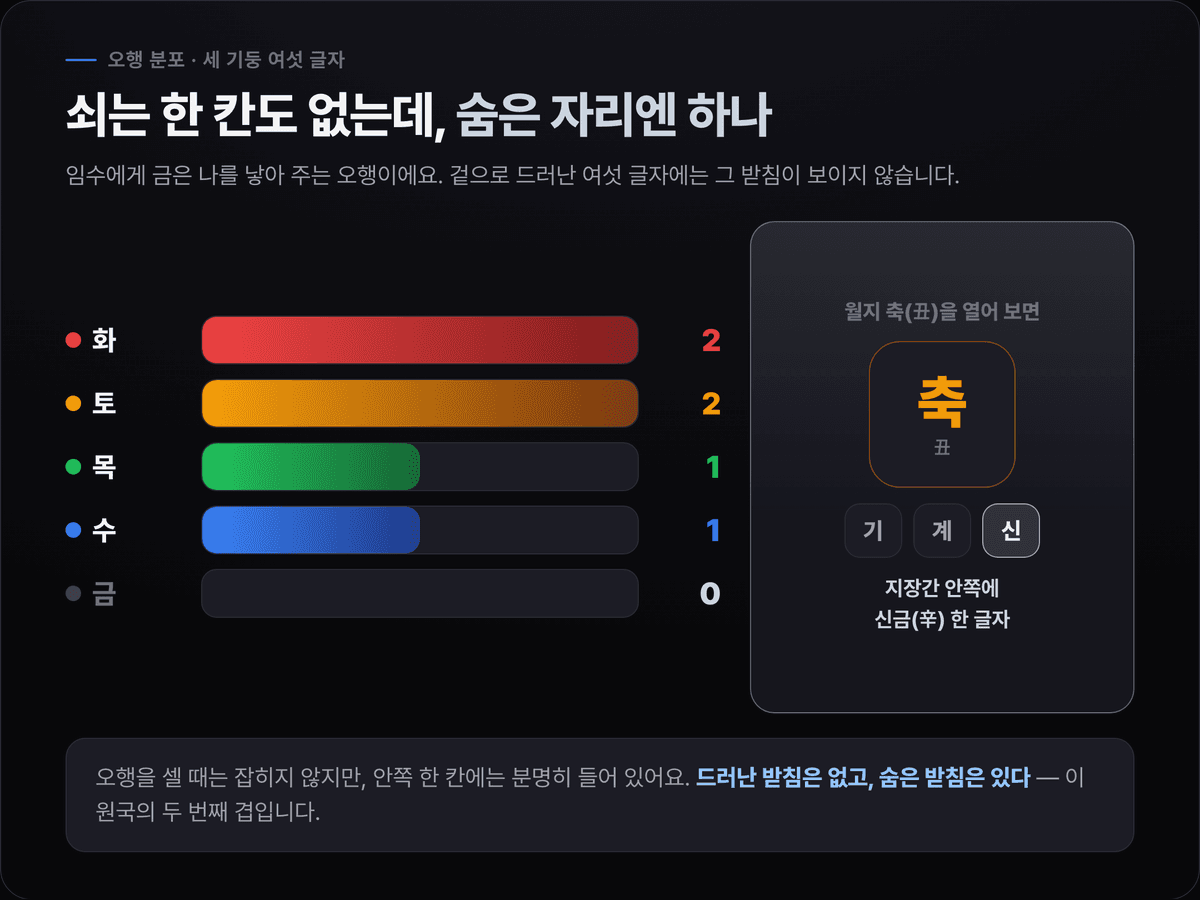 노윤서 오행 분포 카드 — 목 1, 화 2, 토 2, 금 0, 수 1. 금은 0이지만 월지 축토의 지장간에 신금이 숨어 있음