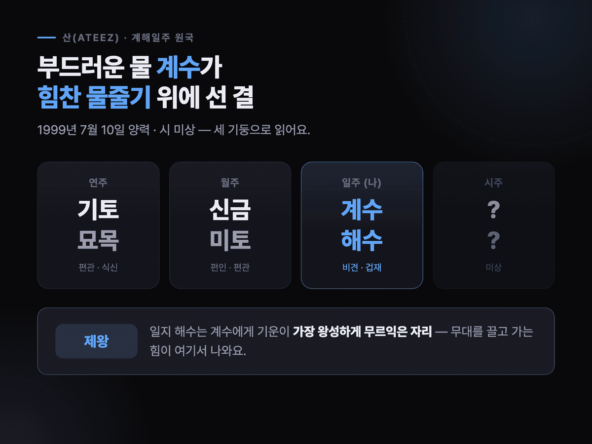 산(ATEEZ) 계해일주 사주 원국 네 기둥과 일지 제왕 자리 도표