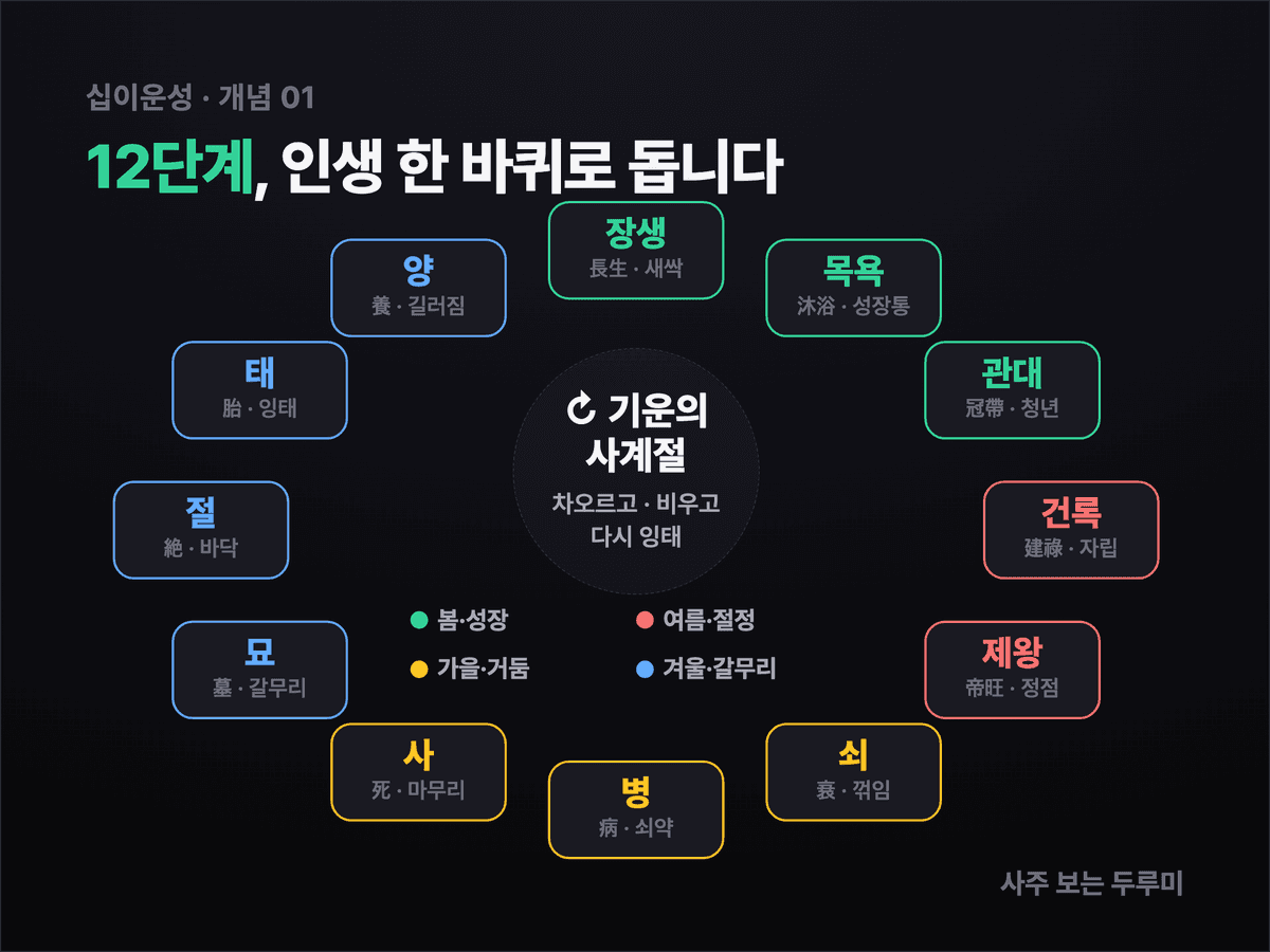 십이운성 12단계를 원형 사이클로 그린 이미지 — 장생·목욕·관대·건록·제왕·쇠·병·사·묘·절·태·양이 시계 방향으로 이어지며 탄생·성장·절정·쇠퇴·소멸·잉태·재생의 인생 한 바퀴를 이룬다