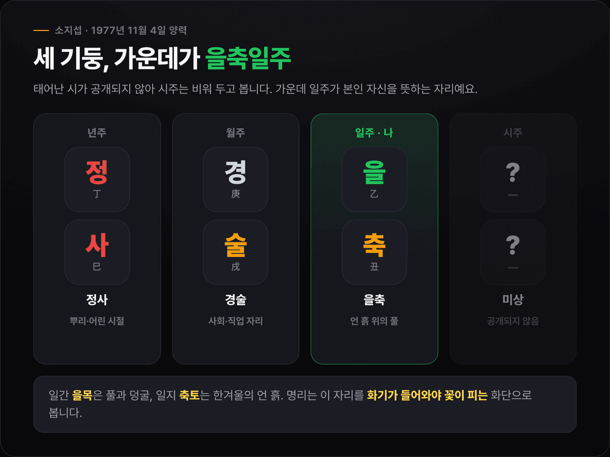 소지섭 사주 세 기둥 — 년주 정사(丁巳), 월주 경술(庚戌), 일주 을축(乙丑, 강조), 시주 미상