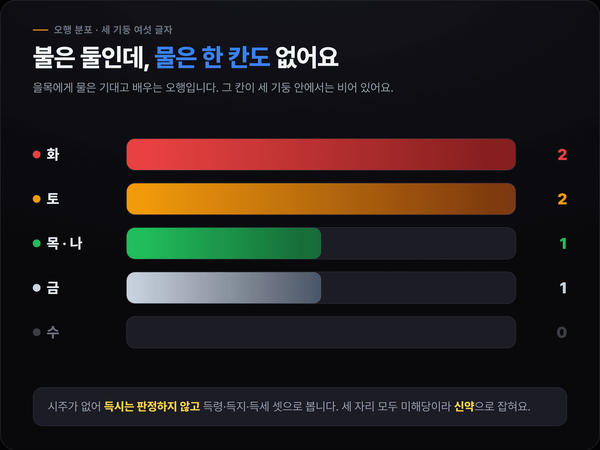 소지섭 사주 오행 분포 — 화 2, 토 2, 목 1, 금 1, 수 0