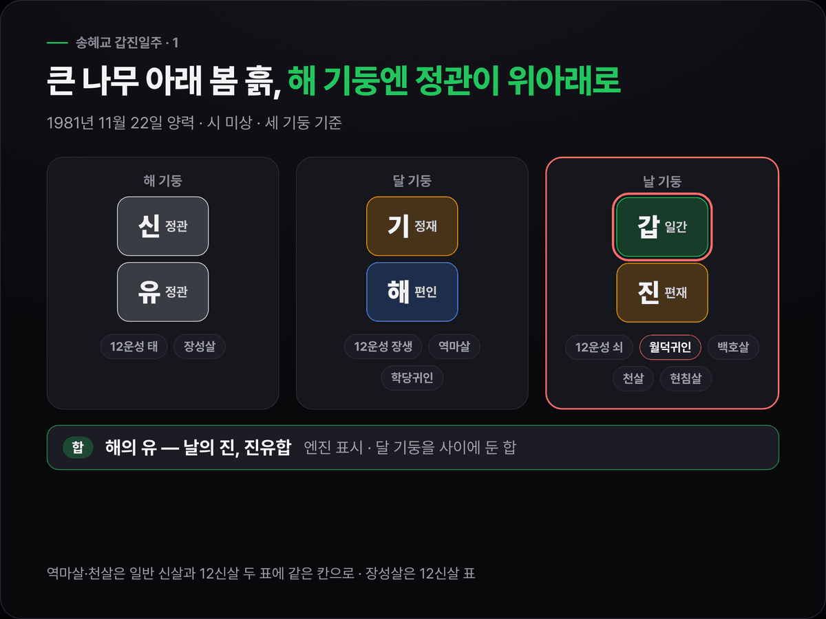 송혜교의 해 신유·달 기해·날 갑진 세 기둥에 십성(정관·정관·정재·편인·편재)과 12운성(태·장생·쇠), 신살 이름을 붙이고 해의 유와 날의 진을 잇는 진유합을 표시한 원국 도식