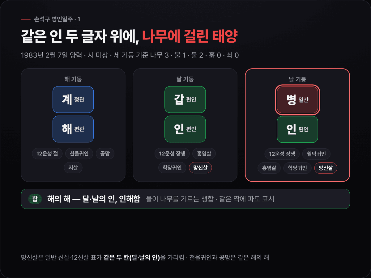 손석구의 해 계해·달 갑인·날 병인 세 기둥에 십성(정관·편관·편인·편인·편인)과 12운성(절·장생·장생), 천을귀인·월덕귀인·홍염살·학당귀인·망신살을 붙이고 해와 인을 잇는 인해합을 표시한 원국 도식
