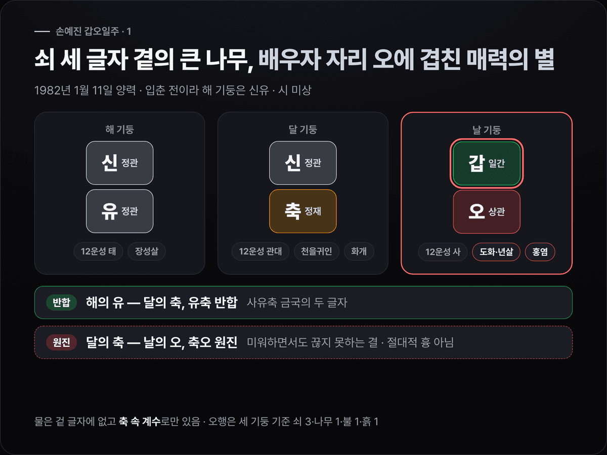 손예진의 해 신유·달 신축·날 갑오 세 기둥에 십성(정관·정관·정관·정재·상관)과 12운성(태·관대·사), 도화·홍염·화개·천을귀인을 붙이고 유축 반합과 축오 원진을 표시한 원국 도식