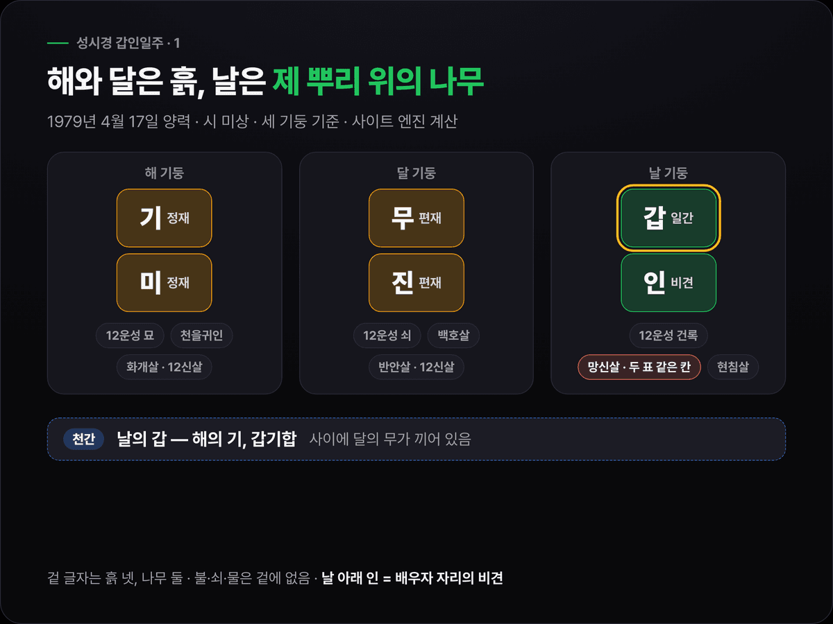 성시경의 해 기미·달 무진·날 갑인 세 기둥에 십성(정재·편재·비견)과 12운성(묘·쇠·건록), 신살 표시를 붙인 원국 도식