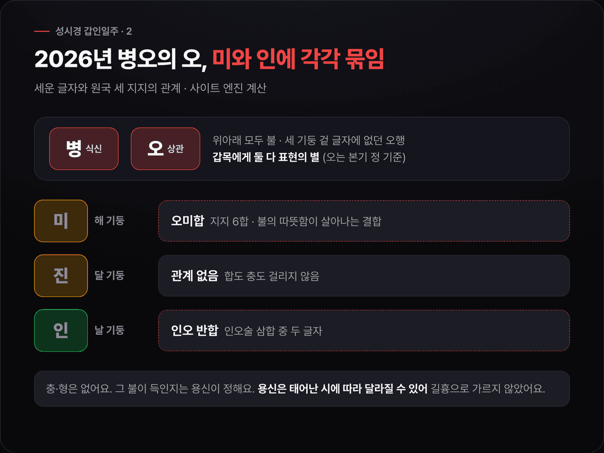 2026년 병오의 오가 성시경 원국 해 기둥 미와 오미합, 날 기둥 인과 인오 반합으로 이어지고 달 기둥 진과는 관계가 없음을 보여 주는 도식