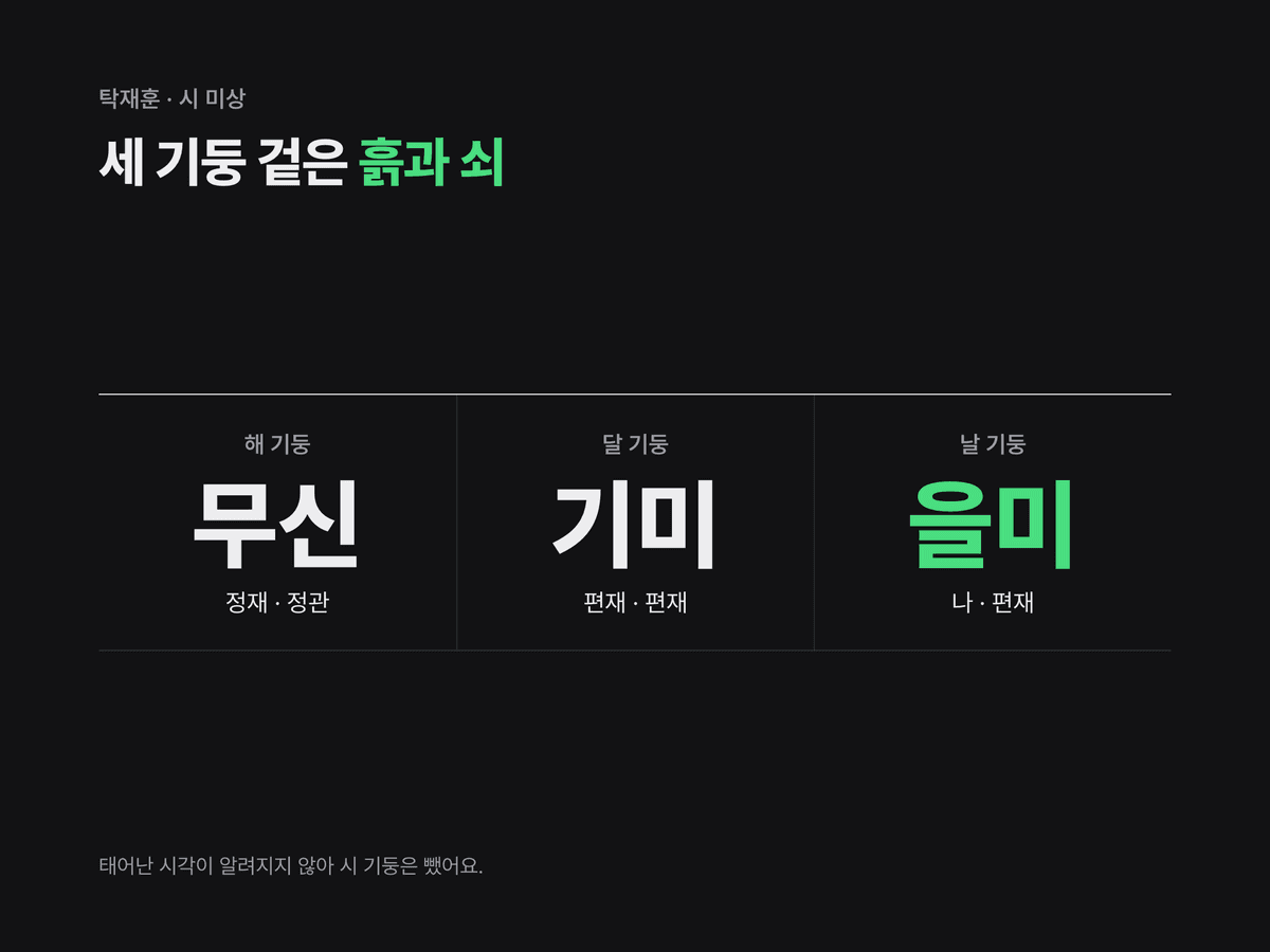 탁재훈의 해 무신·달 기미·날 을미 세 기둥과 각 칸의 십성(정재·정관·편재·편재·편재)을 정리한 미니멀 다크 원국 카드. 시 기둥은 미상으로 비움