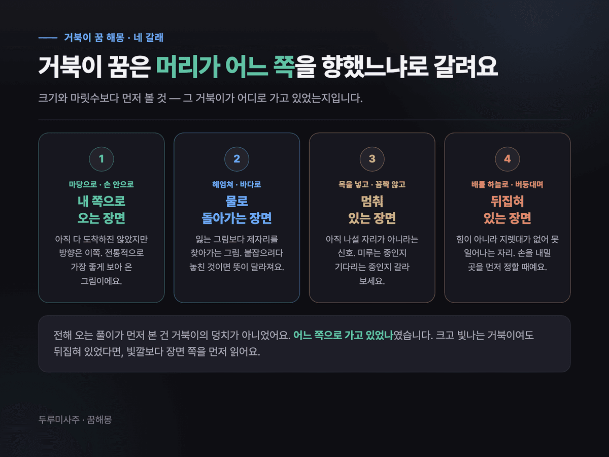 거북이 꿈을 내 쪽으로 오는 장면, 물로 돌아가는 장면, 목을 넣고 멈춘 장면, 배를 보이고 뒤집힌 장면 네 갈래로 나눈 대비 카드