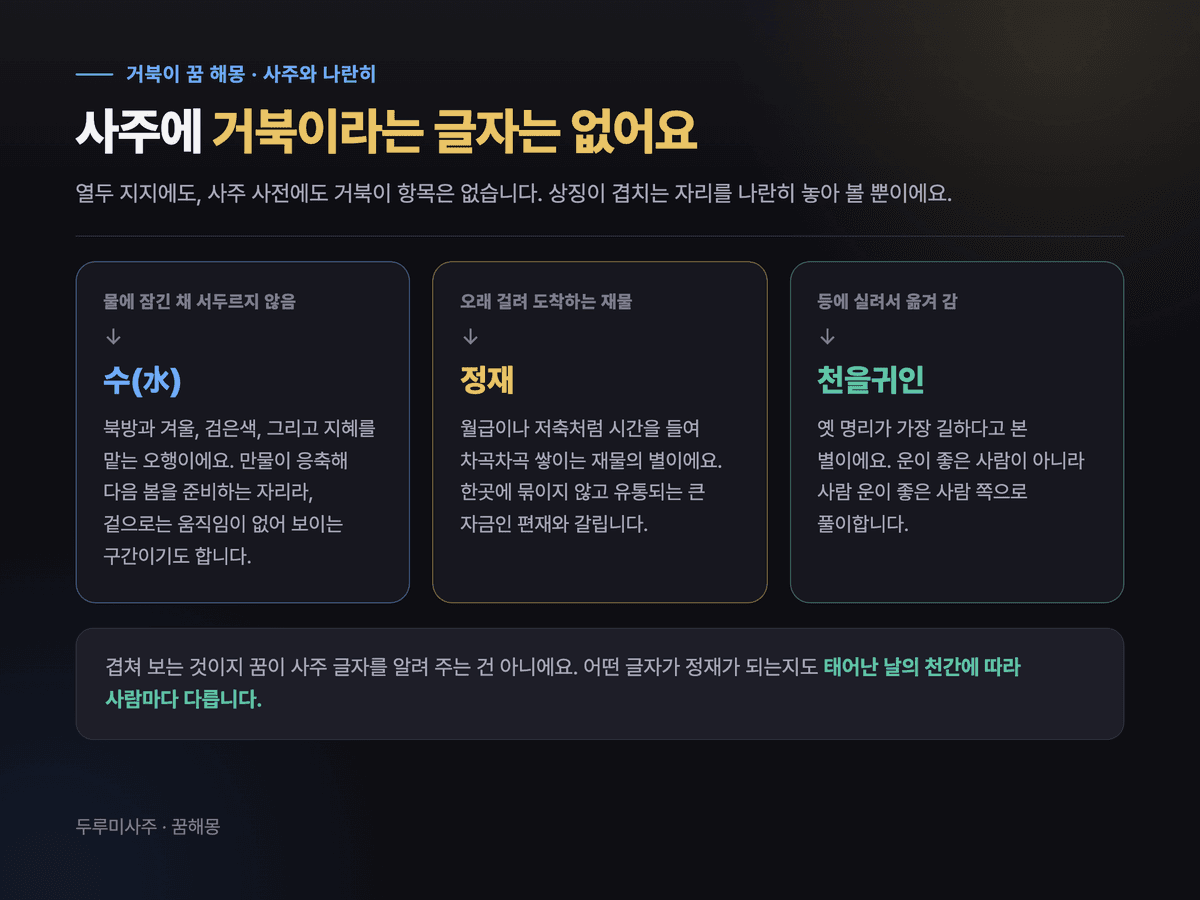 거북이 상징을 물은 오행 수, 오래 걸리는 재물은 정재, 사람의 도움은 천을귀인과 나란히 놓아 본 세 칸 비교 카드