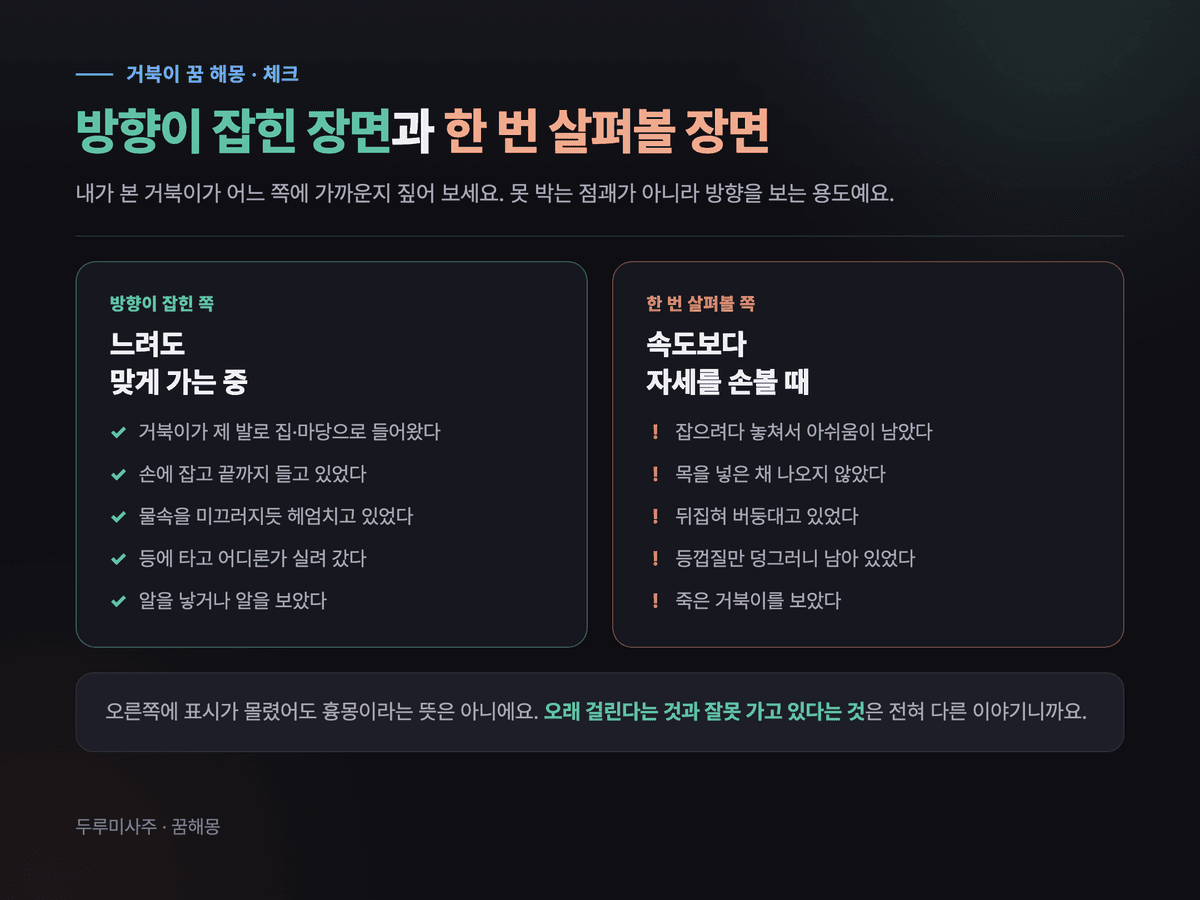 거북이 꿈 체크 카드 — 왼쪽 방향이 잡힌 장면에는 집으로 들어옴·손에 잡음·헤엄침·등에 탐, 오른쪽 살펴볼 장면에는 놓침·목을 넣음·뒤집힘·빈 등껍질이 정리돼 있다