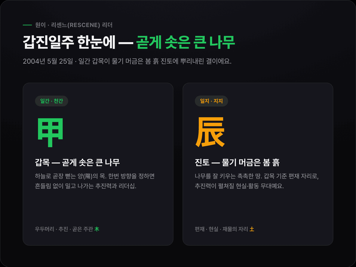 갑진일주를 한눈에 정리한 카드 — 천간 갑목(곧게 솟은 큰 나무)과 지지 진토(물기 머금은 봄 흙, 편재 자리)를 색으로 구분해 보여주는 도식