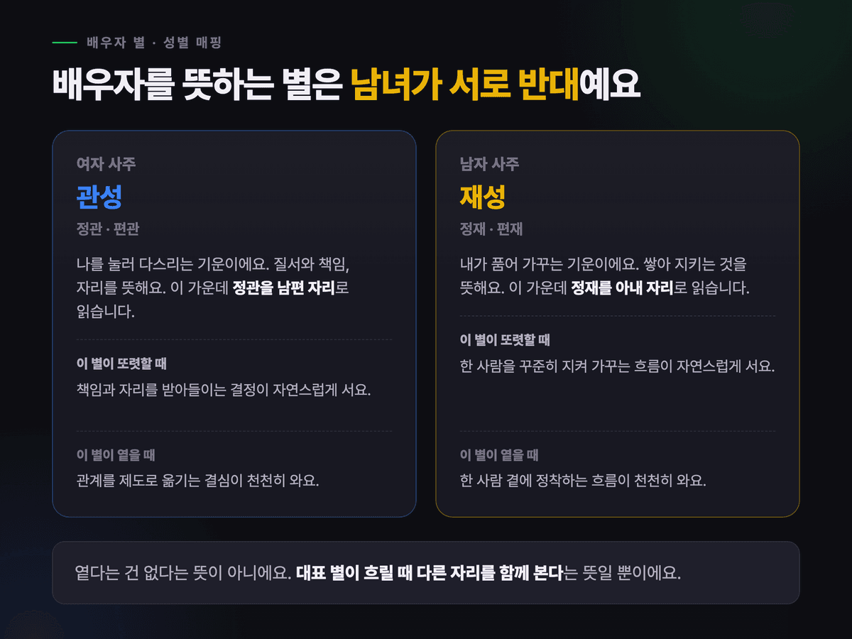 여자 사주는 관성(정관·편관), 남자 사주는 재성(정재·편재)을 배우자 별로 본다는 성별 매핑을 좌우로 나눈 다크 카드