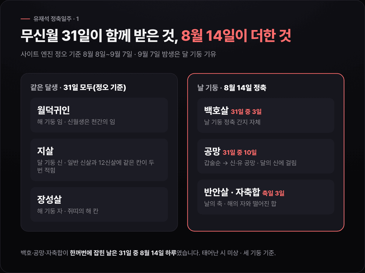 1972년 무신월 31일이 공통으로 받는 월덕귀인·지살·장성살과, 8월 14일 정축일만 더한 백호살·공망·반안살·자축합을 두 열로 나눈 비교 카드