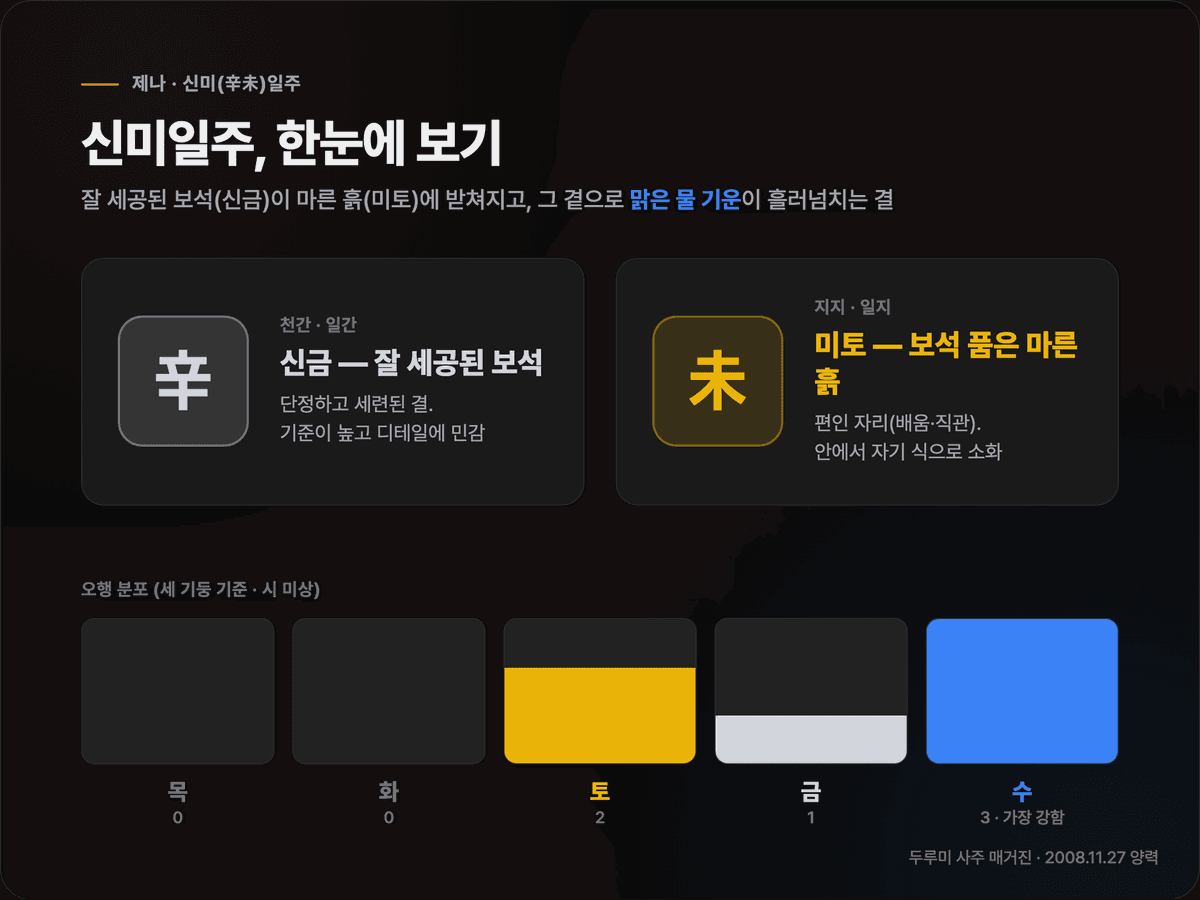 제나의 신미일주를 한눈에 보여주는 카드 — 천간 신금(잘 세공된 보석)과 일지 미토(편인, 보석을 품은 마른 흙), 그리고 오행 분포(토2·금1·수3)를 색으로 정리한 도식
