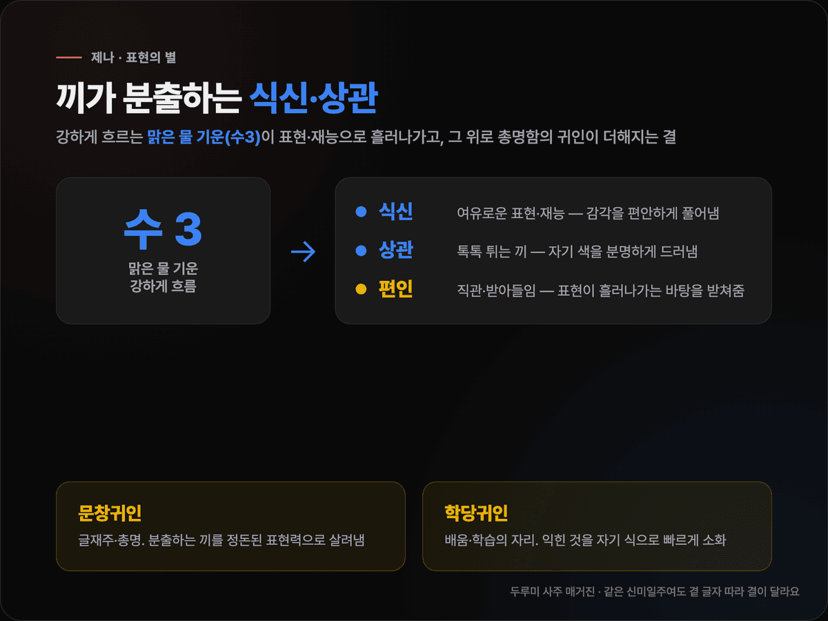 제나의 표현의 별을 정리한 카드 — 식신·상관(수3)이 만드는 분출하는 표현력과 문창귀인·학당귀인의 총명한 결을 색으로 구분해 보여주는 도식