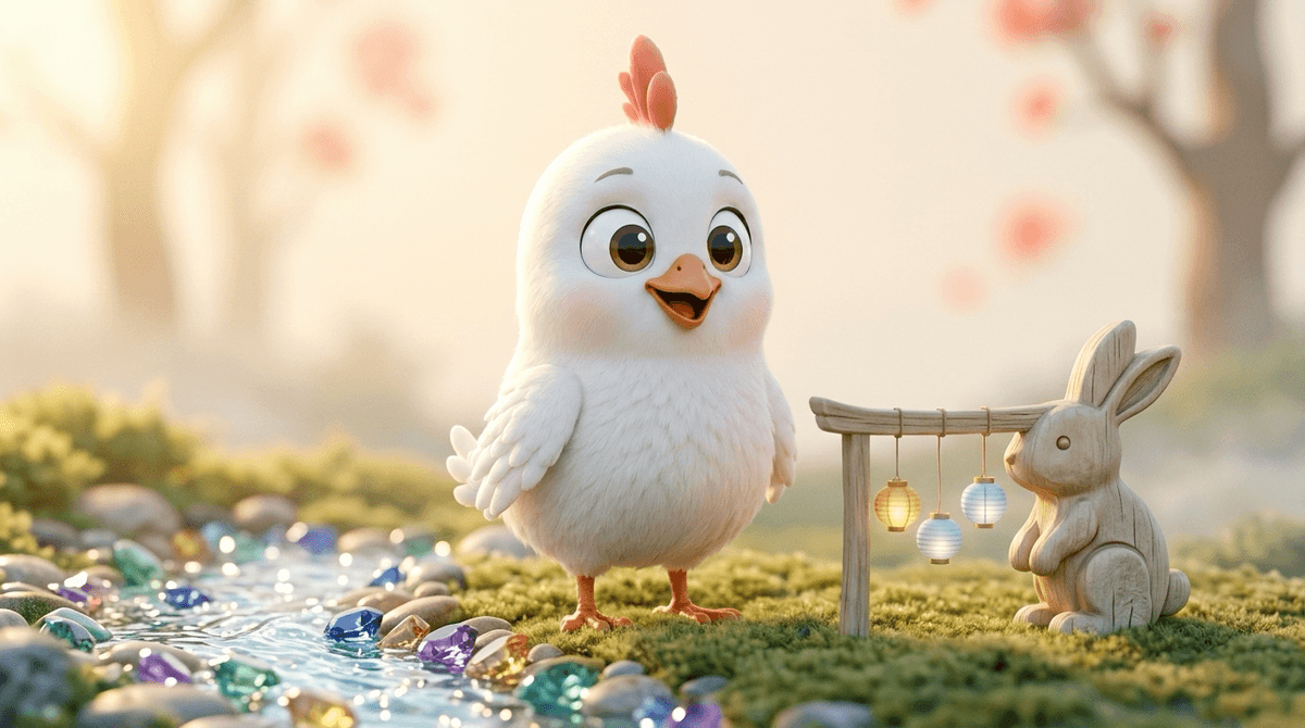 보석이 깔린 맑은 샘가에서 등불 셋이 걸린 나무틀과 나무 토끼 조각 곁에 선 두루미 3D 일러스트