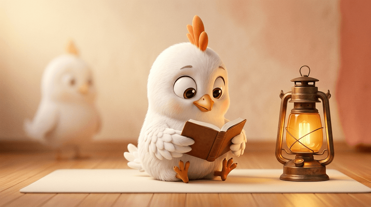 두루미 한 마리가 따뜻한 등불 곁에서 혼자 책을 읽으며 평온하게 앉아 있고, 멀리서 또 다른 두루미의 실루엣이 다가오는 일러스트 — 늦게 데워지는 인연 메타포