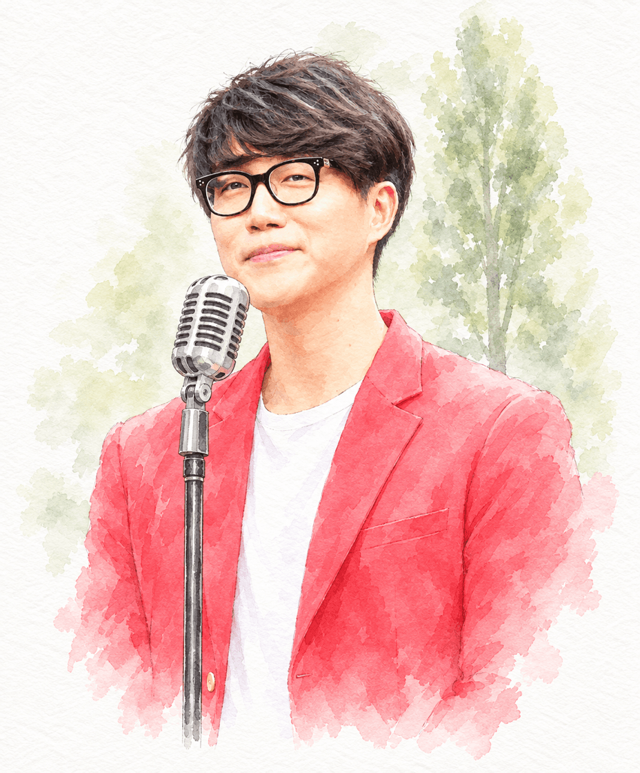 마이크 앞에 선 가수 성시경 수채화 캐리커처