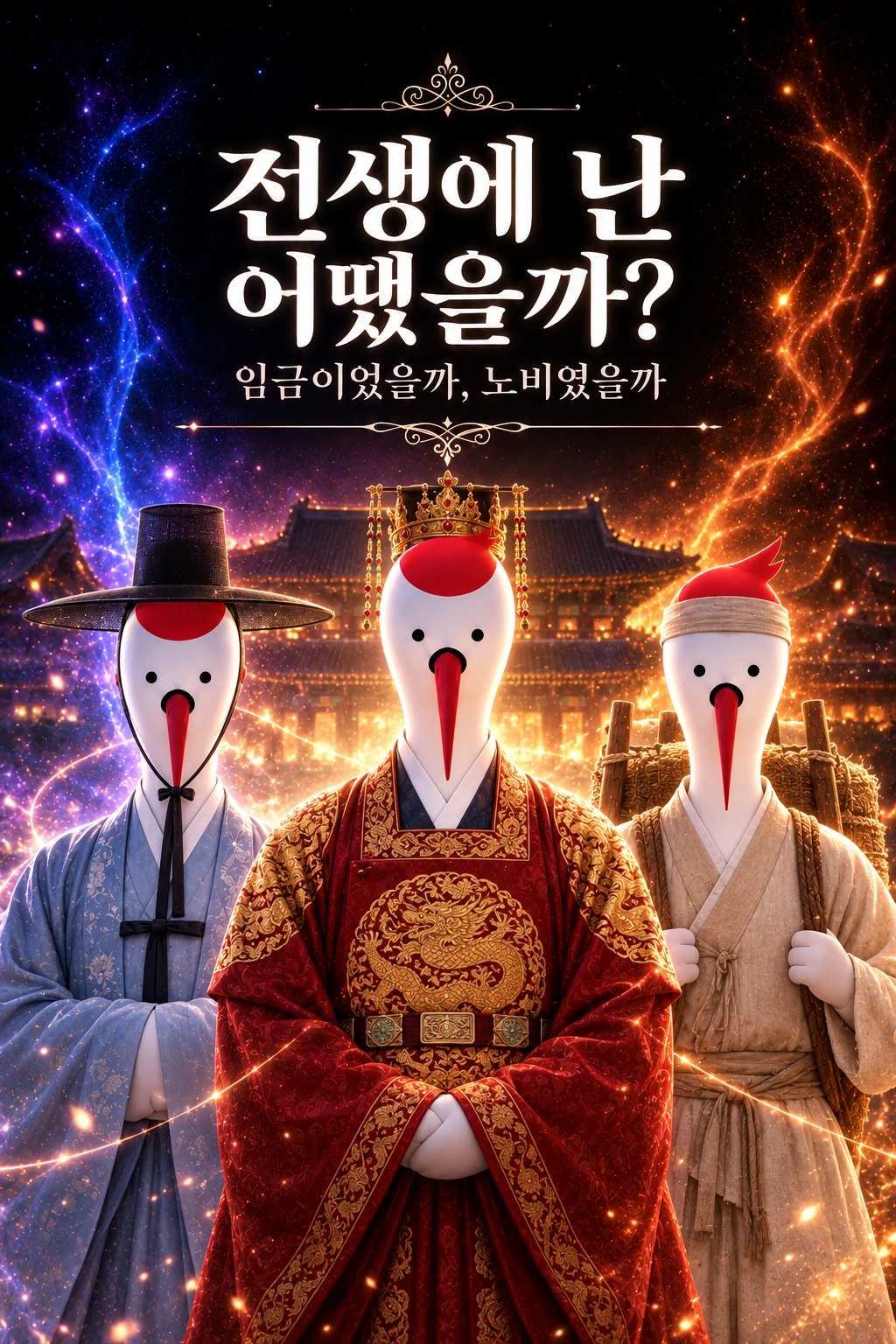 왕과 양반과 노비 차림의 두루미 셋
